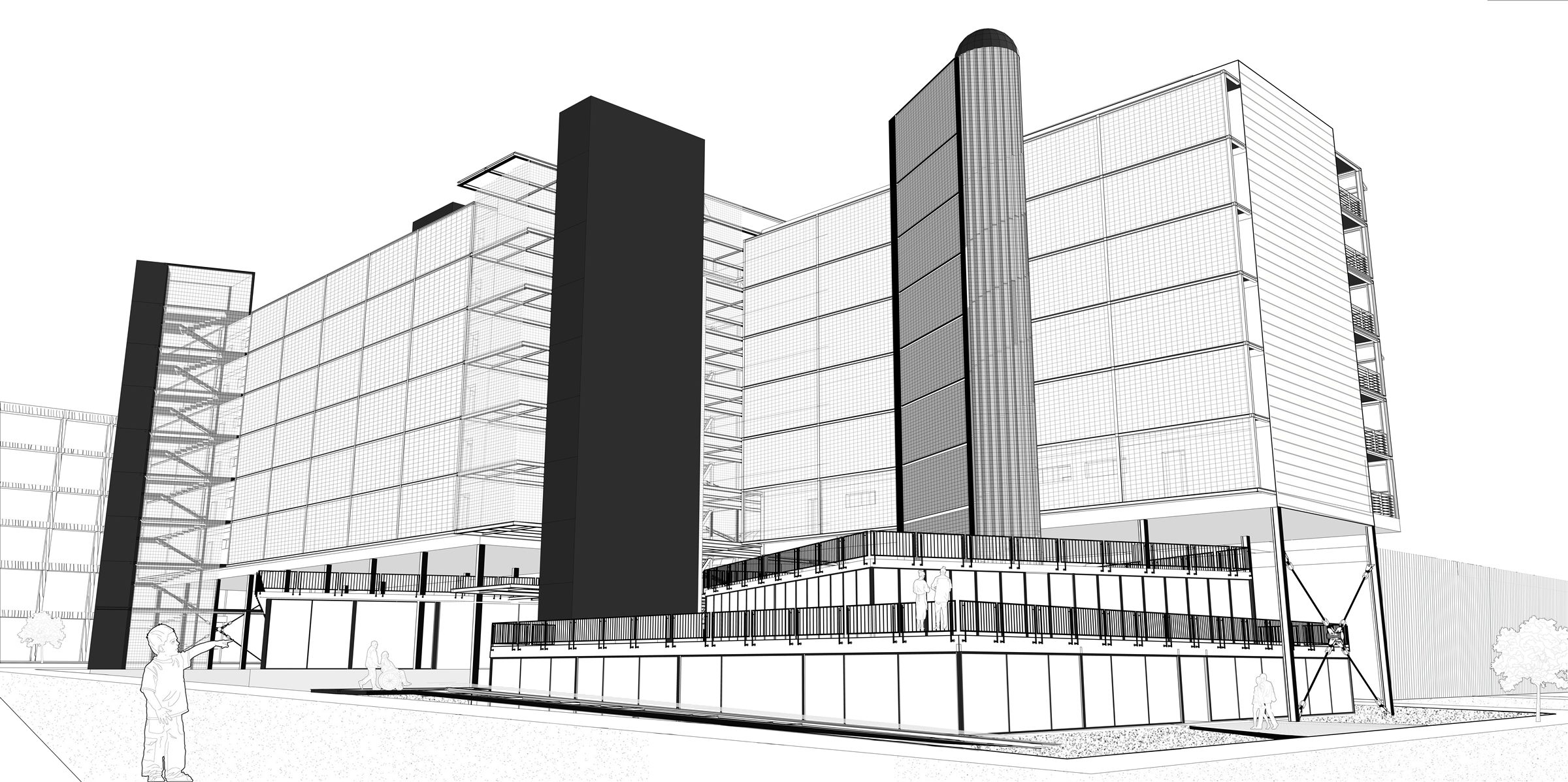 Fractal City - view along the facade with the circulation cores