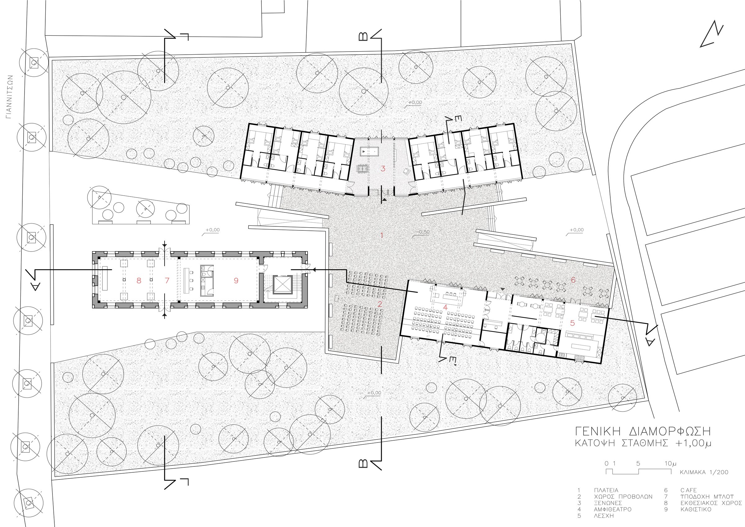 Youth Center - general layout, level A, 1:200